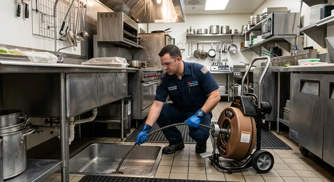 Commercial drain cleaning service in a restaurant kitchen in Woodbridge