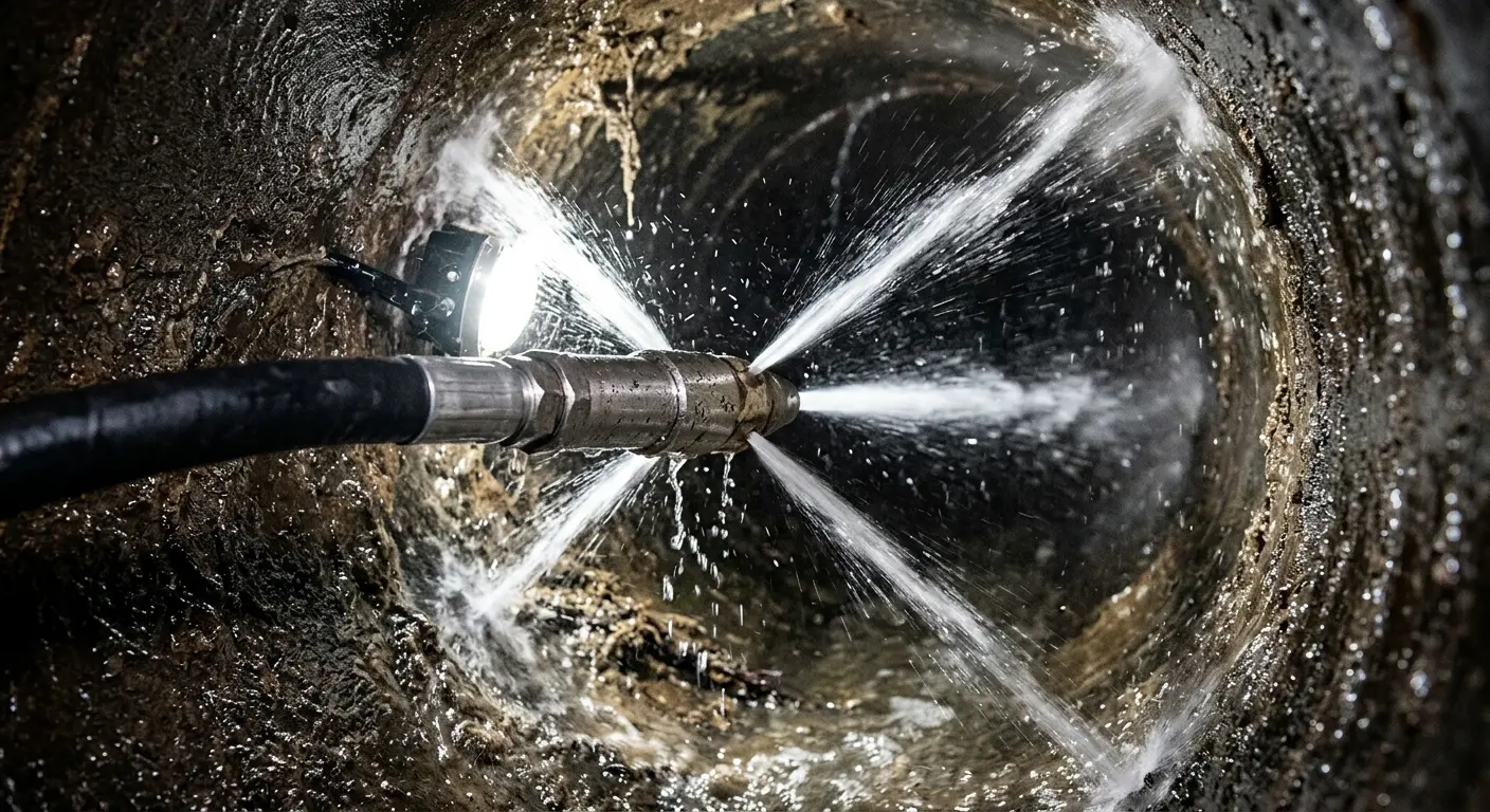 High-pressure hydro jetting nozzle cleaning sewer pipe for Trenchless Sewer Repair in Woodbridge