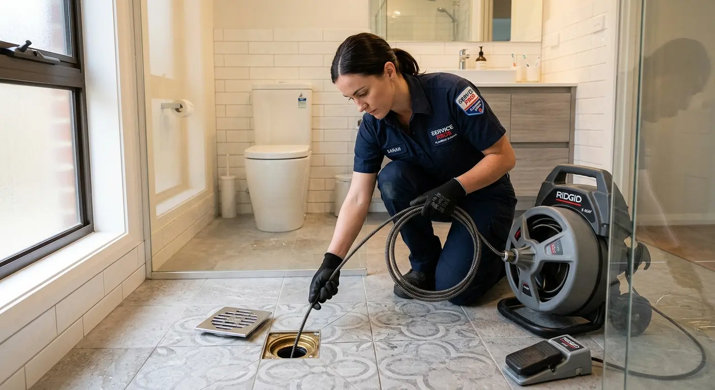 Technician clearing a bathroom floor drain for Sewer Line Replacement in Woodbridge